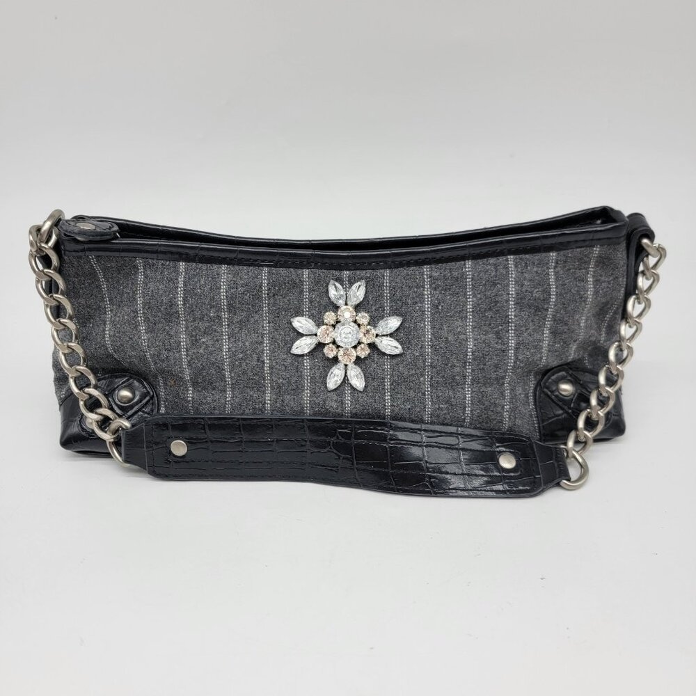 Apt. 9 Womens Shoulder Bag OS Gray Striped Rhinestone Chain Handle Classic‎